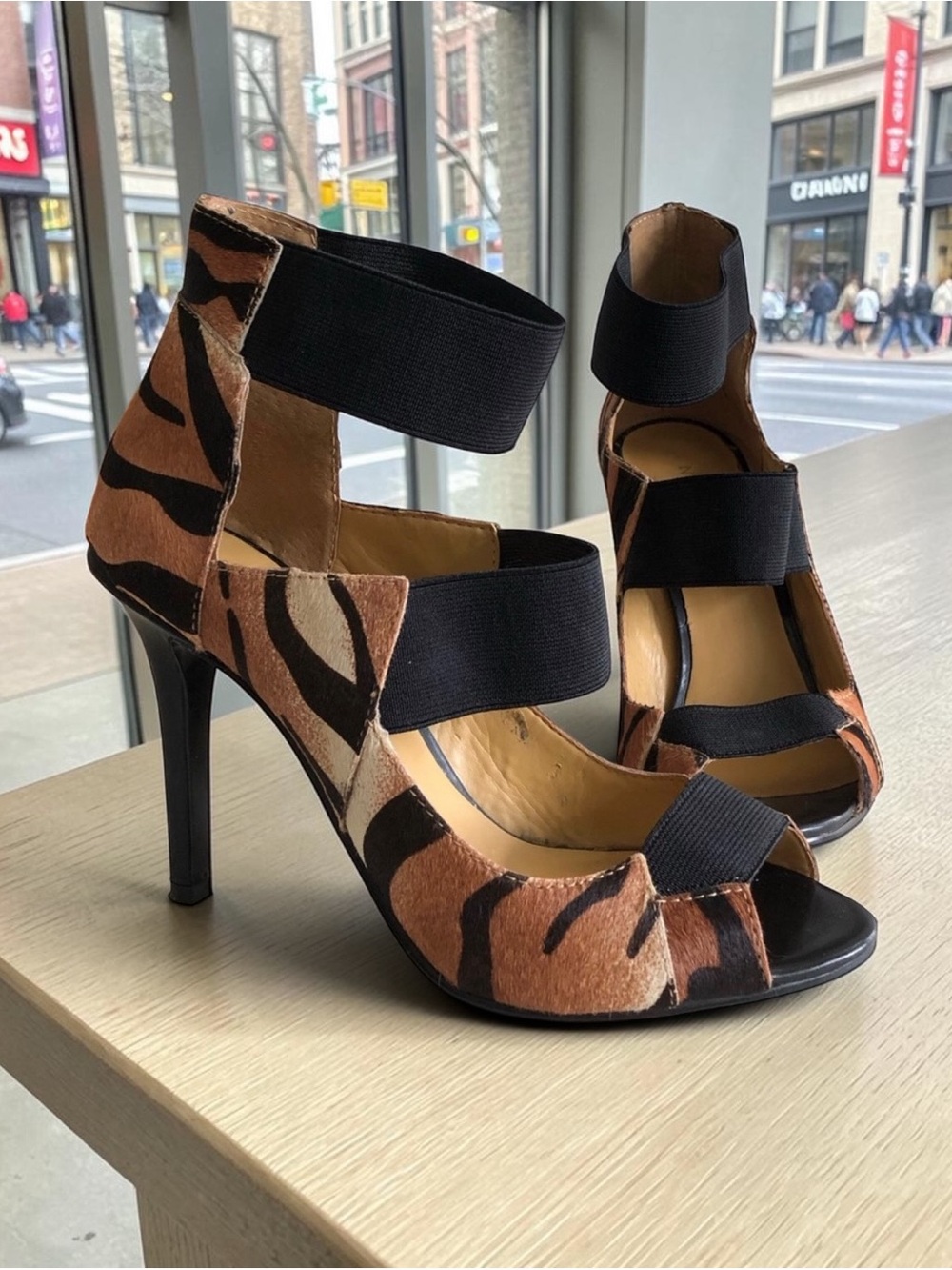 Nine West Tiger-Print Strappy High Heel Sandals in Black and Brown